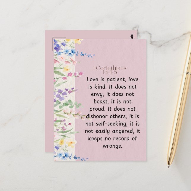 1 Korinthen 13:4-5 Bibelverse Bild Postkarte (Vorderseite/Rückseite Beispiel)