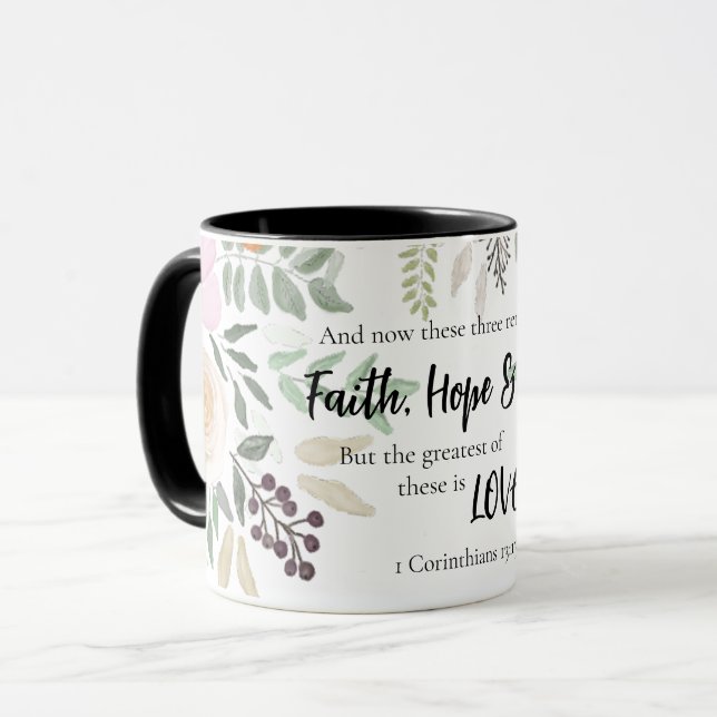 1 Korinther 13:13 Liebe der Glaubenshöhe Schwarze  Tasse (Vorderseite Links)