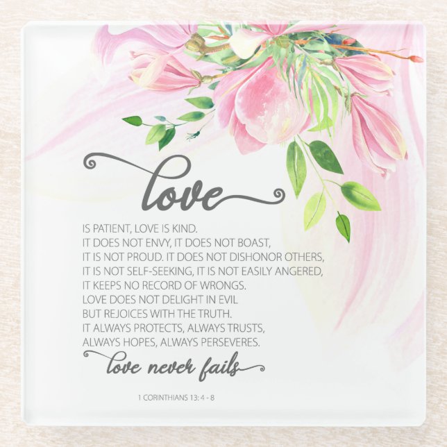 1 Korinther 13:4-8 Liebe ist Patient Pink Magnolia Glasuntersetzer (Vorderseite)