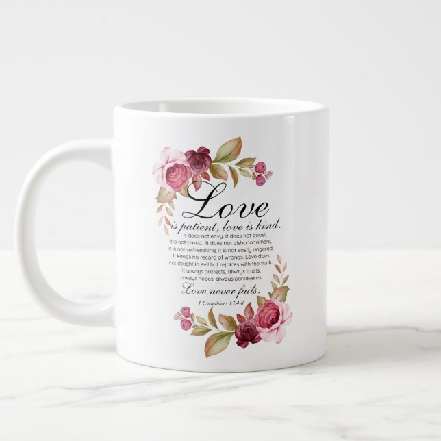 1 Korinther 13:4-8 Liebe ist Patientenblütenbibel Jumbo-Tasse (Links)
