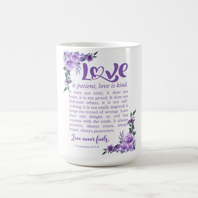 1 Korinther 13:4-8 Liebe Patienten Lila Kaffeetasse (Mittel)