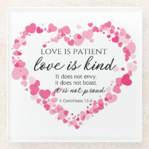 1 Korinther 13:4 Liebe ist Patient rosa Herzen Glasuntersetzer