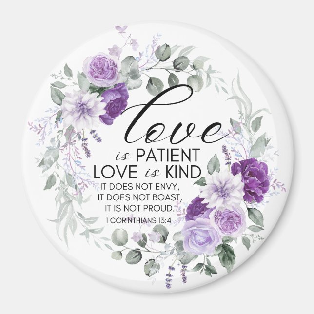 1 Korinther 13:4 Liebe ist Patient Violet Floral Magnet (Vorne)