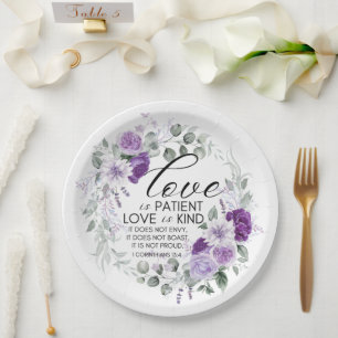 1 Korinther 13:4 Liebe ist Patient Violet Floral Pappteller