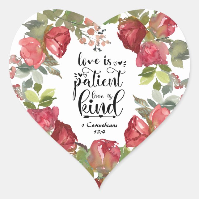 1 Korinther 13:4 Liebe Patienten Rote Rosen Herz-Aufkleber (Vorderseite)