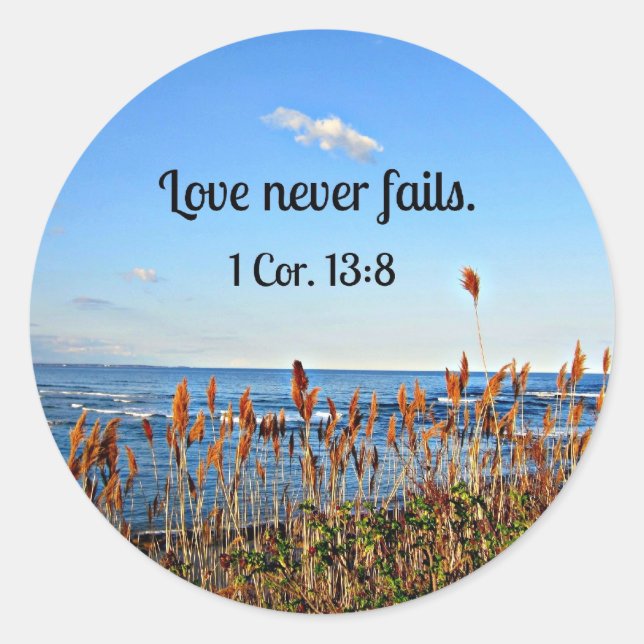 1 Korinther 13:8 Liebe versage nie. Runder Aufkleber (Vorderseite)
