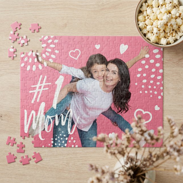 #1 Mama Full Foto, Hearts & Dot Pattern (Mother's Day #1 Mom Fun Custom Photo Keepsake Jigsaw Puzzle)