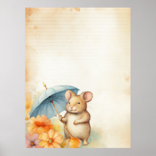 1 Maus mit blauem Regenschirm orange rosa Blumen Poster