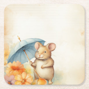 1 Maus mit blauem Schirm orange-rosa Blume Rechteckiger Pappuntersetzer