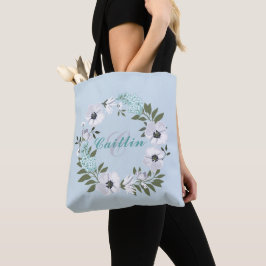 1-Mit Monogramm Schwarz, Weiß und Aquamarines Blum Tasche