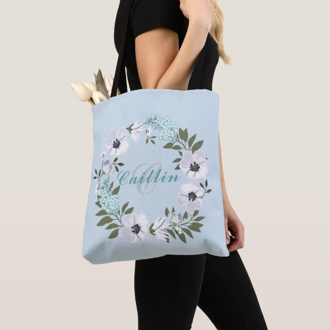 1-Mit Monogramm Schwarz, Weiß und Aquamarines Blum Tasche (Von Nahem)