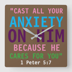 1 Peter-5:7 bunter Bibel-Vers-Druck christlich Quadratische Wanduhr