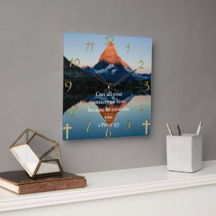 1 Peter 5:7 Christlicher Blick auf den See Quadratische Wanduhr