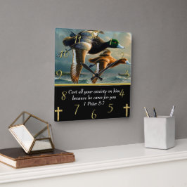 1 Peter 5:7 Christlicher Glaubenstreuer mit Enten Quadratische Wanduhr