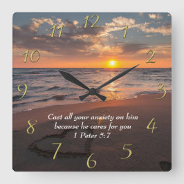 1 Peter 5:7 Christliches Meer mit Sonnenuntergang Quadratische Wanduhr