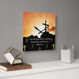 1 Peter 5:7 Kreuz auf dem Berg Quadratische Wanduhr