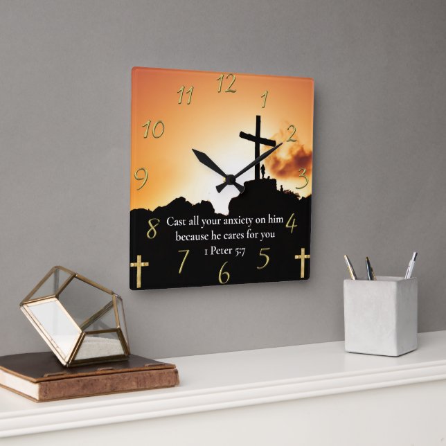 1 Peter 5:7 Kreuz auf dem Berg Quadratische Wanduhr (Büro)