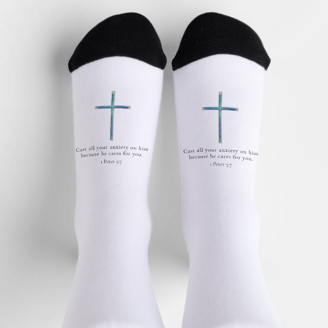 1 Peter 5.7 Minimalistisches Kreuz Socken (Oben)