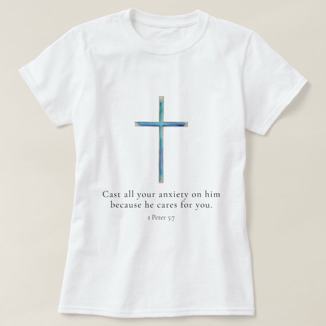1 Peter 5.7 Minimalistisches Kreuz T-Shirt (Design vorne)