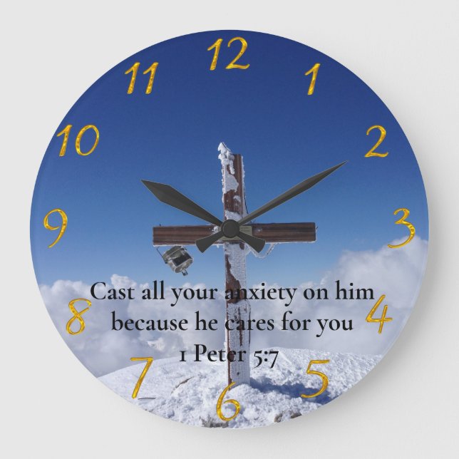 1 Peter 5:7 Moulin Peak Cross Große Wanduhr (Vorderseite)
