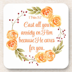 1 Peter 5:7 Orangefarbene Bibelschrift Getränkeuntersetzer