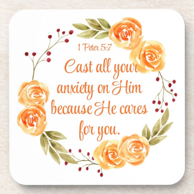 1 Peter 5:7 Orangefarbene Bibelschrift Getränkeuntersetzer (Vorderseite)
