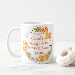 1 Peter 5:7 Orangefarbene Bibelschrift Kaffeetasse