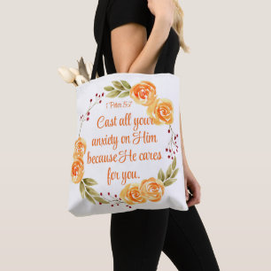 1 Peter 5:7 Orangefarbene Bibelschrift Tasche