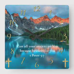 1 Peter 5:7 schöne Aussicht auf den See Quadratische Wanduhr