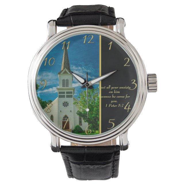 1 Peter 5.7 Weiße Kirche Armbanduhr (Vorderseite)