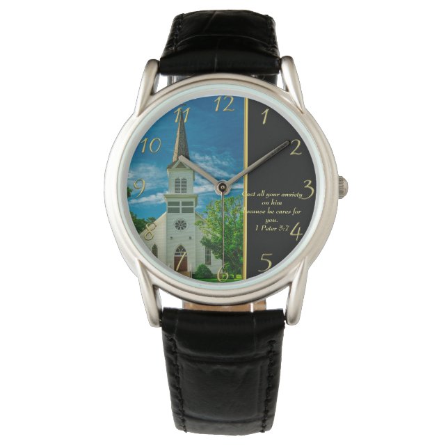 1 Peter 5.7 Weiße Kirche Armbanduhr (Vorderseite)