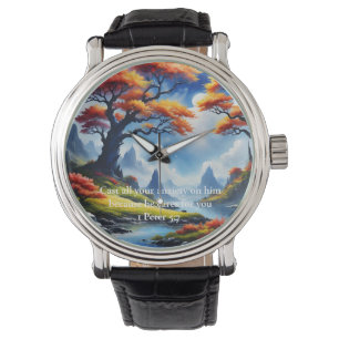 1 Petrus 5,7 Kreuz auf einem Berg  Armbanduhr