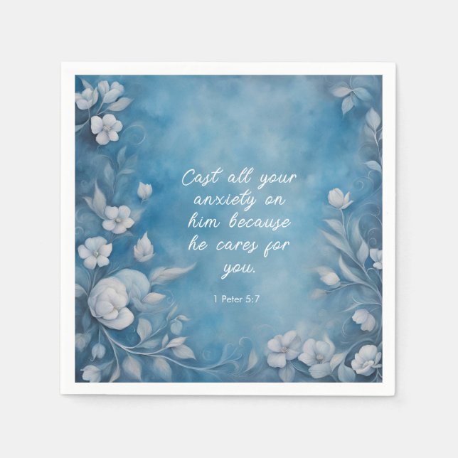 1 Petrus 5:7 „Werft alle eure Angst“ Blaue Flora Serviette (Vorderseite)