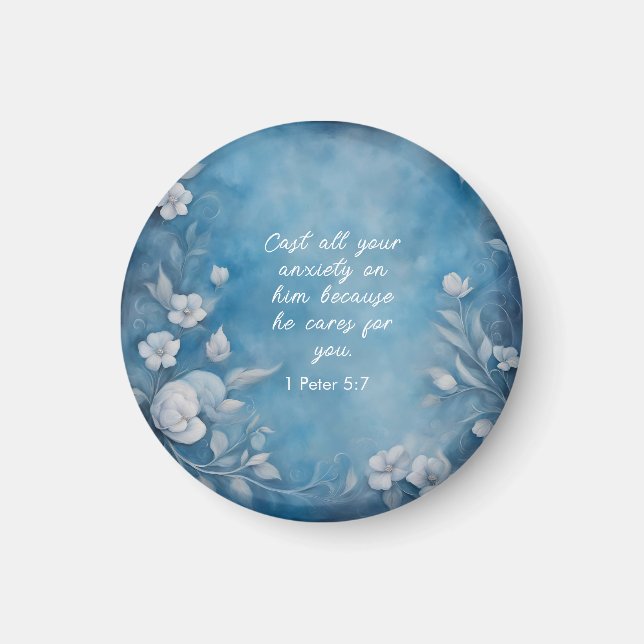 1 Petrus 5:7 „Werft alle eure Angst“ Blaues Floral Magnet (Vorne)