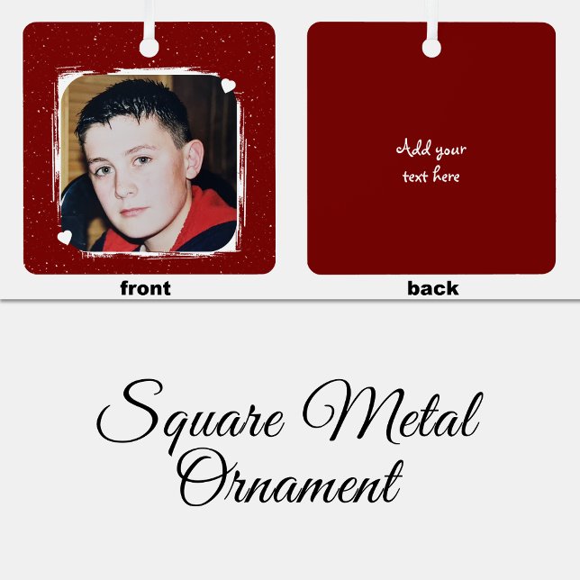 1 photo custom text keepsake burgundy ornament aus metall (Von Creator hochgeladen)