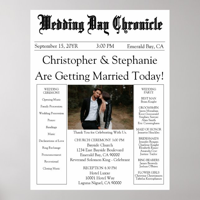 1 Photo QR Code Elegant Newspaper Wedding Program Poster (Vorne)
