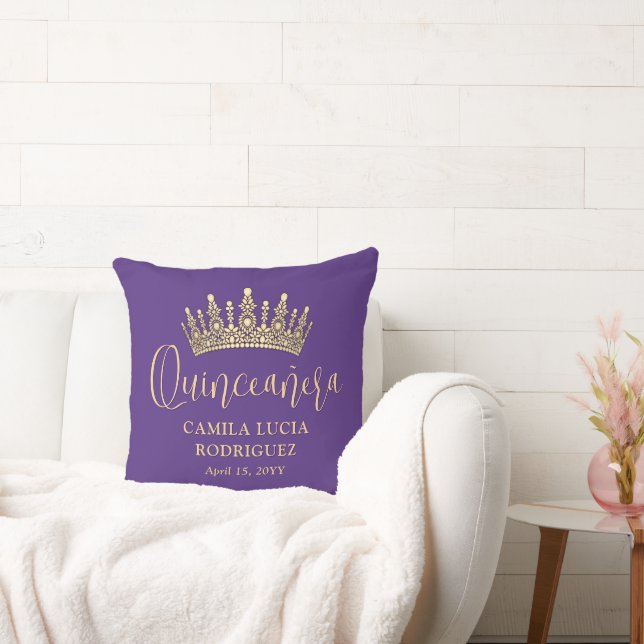 1 Photo Quinceañera Crown Purple and Gold Keepsake Kissen (Liege)