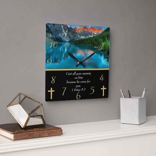 1 Pierre 5:7 moutain lac Carré Horloge murale (Bureau)