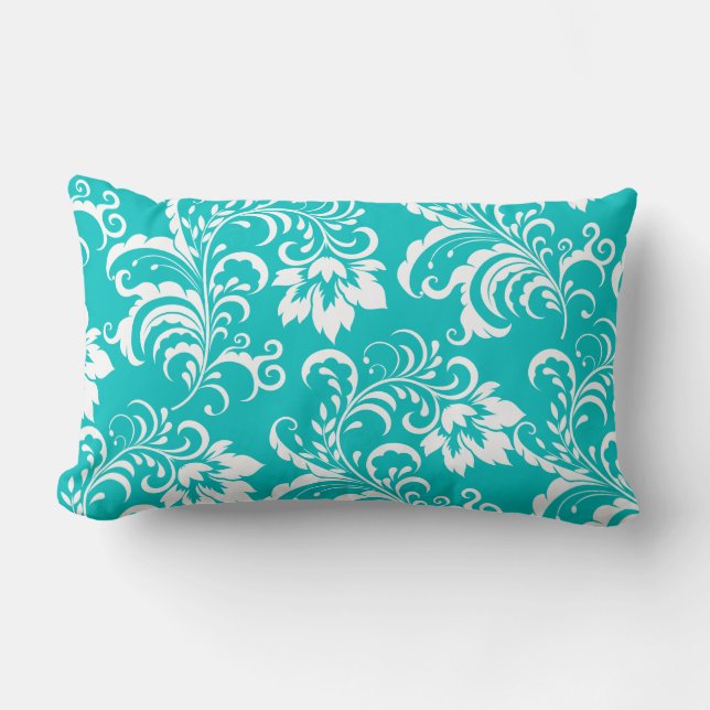 1 Pilze Aquamarin blau weißer Damast Floral Lendenkissen (Vorderseite)