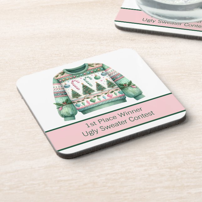 1. Platz Gewinner Ugly Sweater Contest Green Pink Getränkeuntersetzer (Linke Seite)