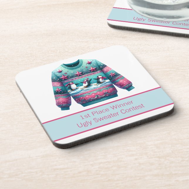 1. Platz Gewinner Ugly Sweater Contest Pink Aquama Getränkeuntersetzer (Linke Seite)