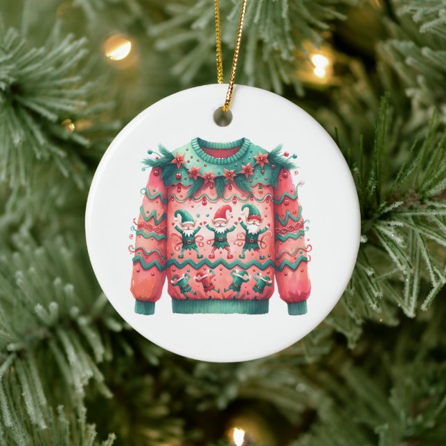 1. Platz Gewinner Ugly Sweater Contest Pink Green Keramik Ornament (Baum)
