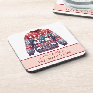 1. Platz Gewinner Ugly Sweater Contest Red Blue Getränkeuntersetzer