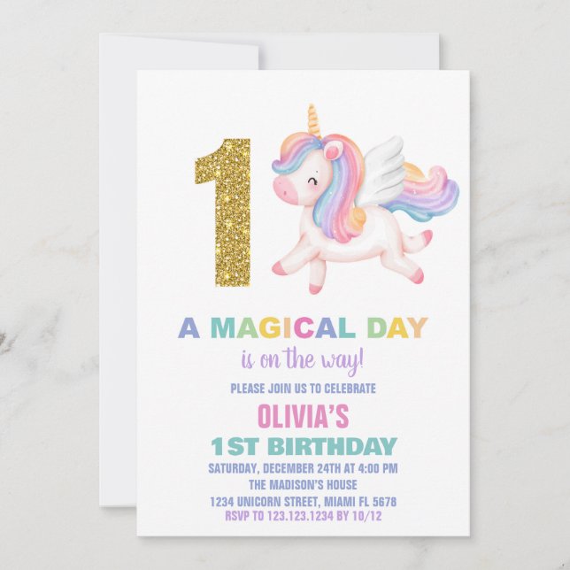 1. Rainbow Unicorn Geburtstag Einladungen (Vorderseite)