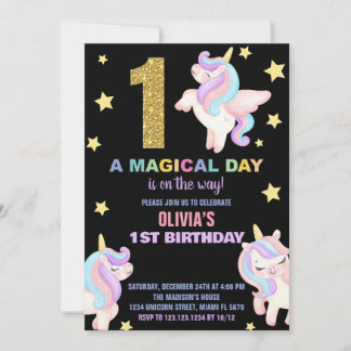 1. Rainbow Unicorn Geburtstag Einladungen Fliegen