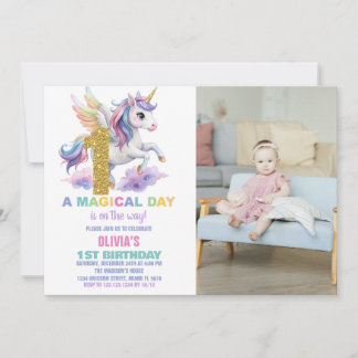 1. Rainbow Unicorn Geburtstag Einladungen mit Foto