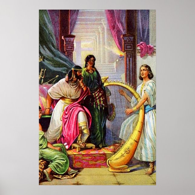 1 Samuel 16:14-23 David spielt seine Harfe für Sau Poster (Vorne)