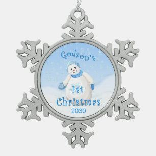 1. Schneemann des Patensohns Weihnachts Schneeflocken Zinn-Ornament