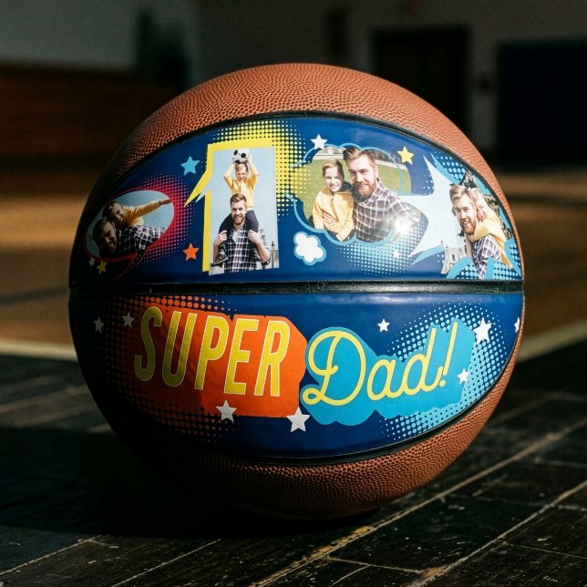 #1 Super Vater Comic Book Bubbles Custom Vier Foto Basketball (#1 Super Dad Comic Book Bubbles Custom Four Photos Basketball)
