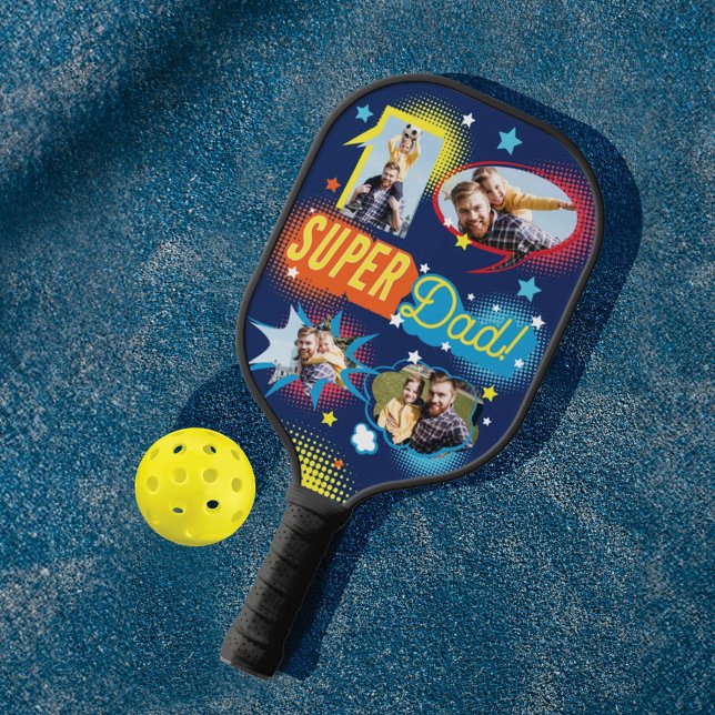 #1 Super Vater Comic Book Bubbles Custom Vier Foto Pickleball Schläger (#1 Super Dad Comic Book Bubbles Custom Four Photos Pickleball Paddle)